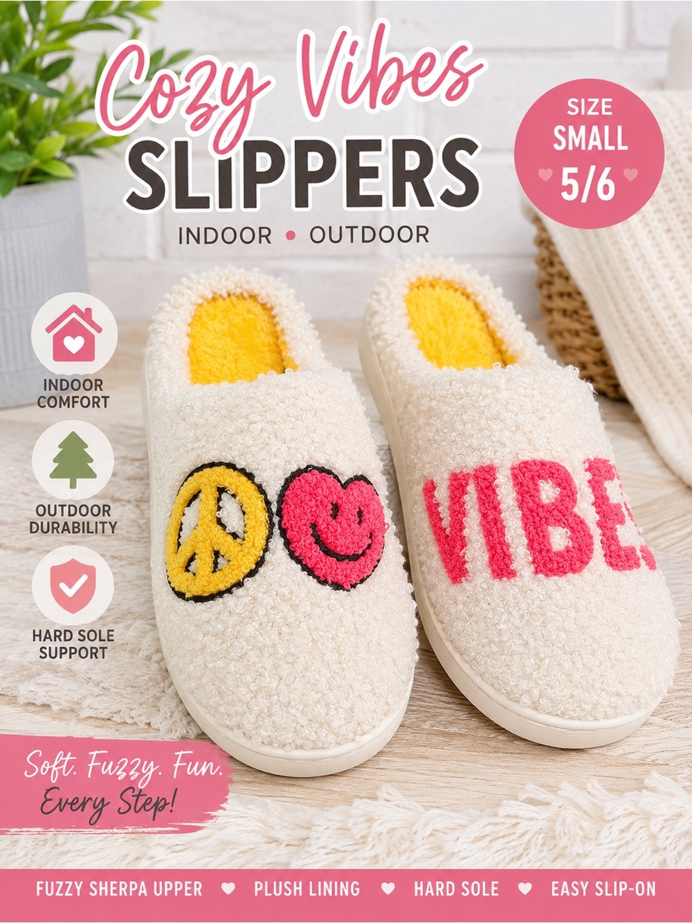 Cozy Vibes Women’s Cream Sherpa Slippers - Size 5/6